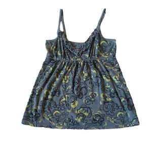 Babydoll Shirt. Spaghetti Strap Blouse. Floral. Tank. Black, Grey, and Yellow.